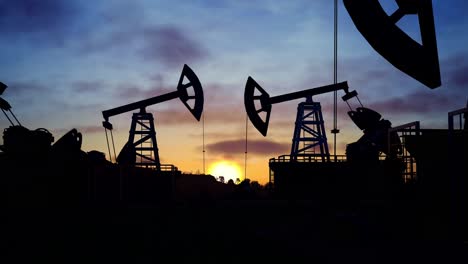 oil pump, oil industry equipment, drilling derricks silhouette from oil field at sunset with dramatic sky