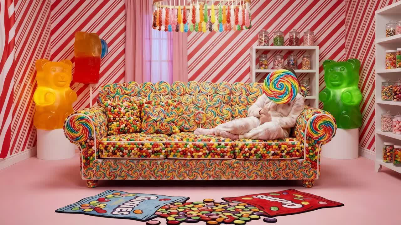 Una habitación caprichosa con temática de caramelos, con un sofá cubierto de piruletas y una persona con un disfraz de caramelo