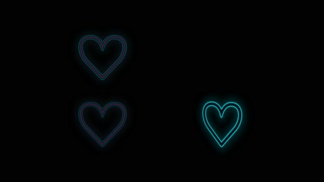 Pulsing-neon-romantic-hearts-in-rows-on-black-gradient