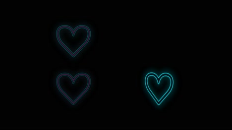 corazones románticos de neón pulsantes en filas sobre degradado negro
