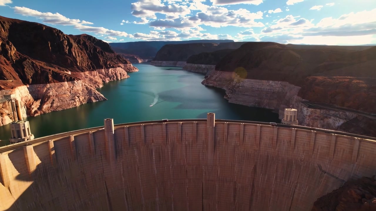 Aerial View of Glen Canyon Dam and Lake Powell in Desert Landscape