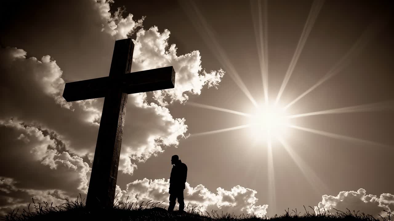 Silhouette of a person beside a large cross under a dramatic sky