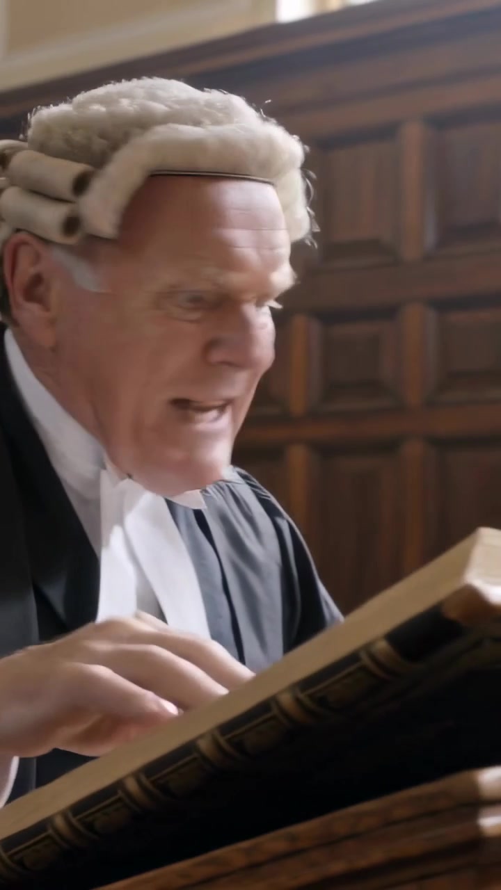 Vertikales Video: Seiten umblätternd, Anwalt in Perücke und Robe sucht nach Fallrecht, liest im Gerichtssaal mit Gesetzbuch.