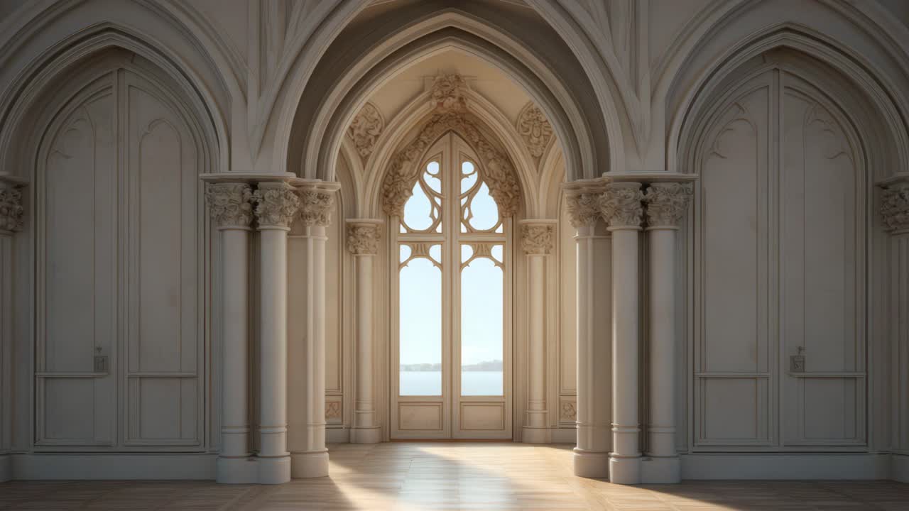 Elegante interno gotico con archi decorati e finestre alte. Scattata da una angolazione bassa, perfetta