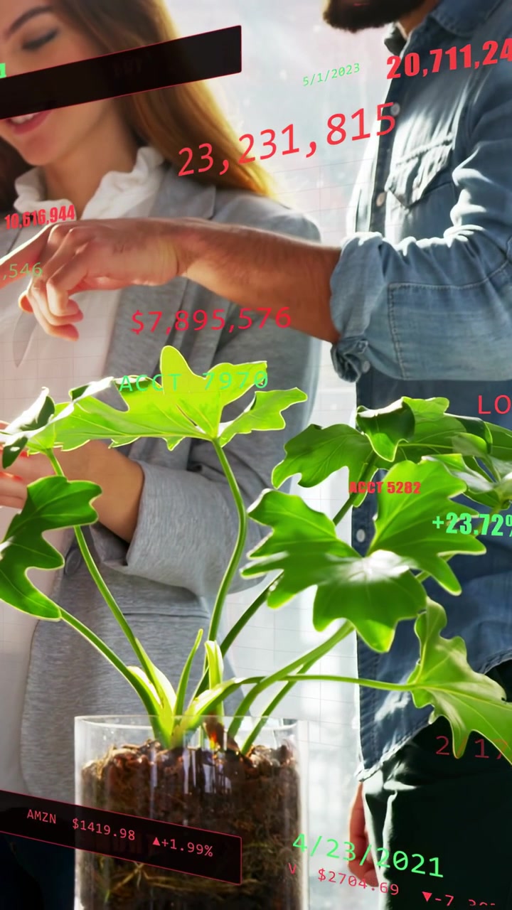Video verticale: Uomo che si china, guida una donna che tocca un tablet con una pianta, mostrando dati finanziari per la revisione.