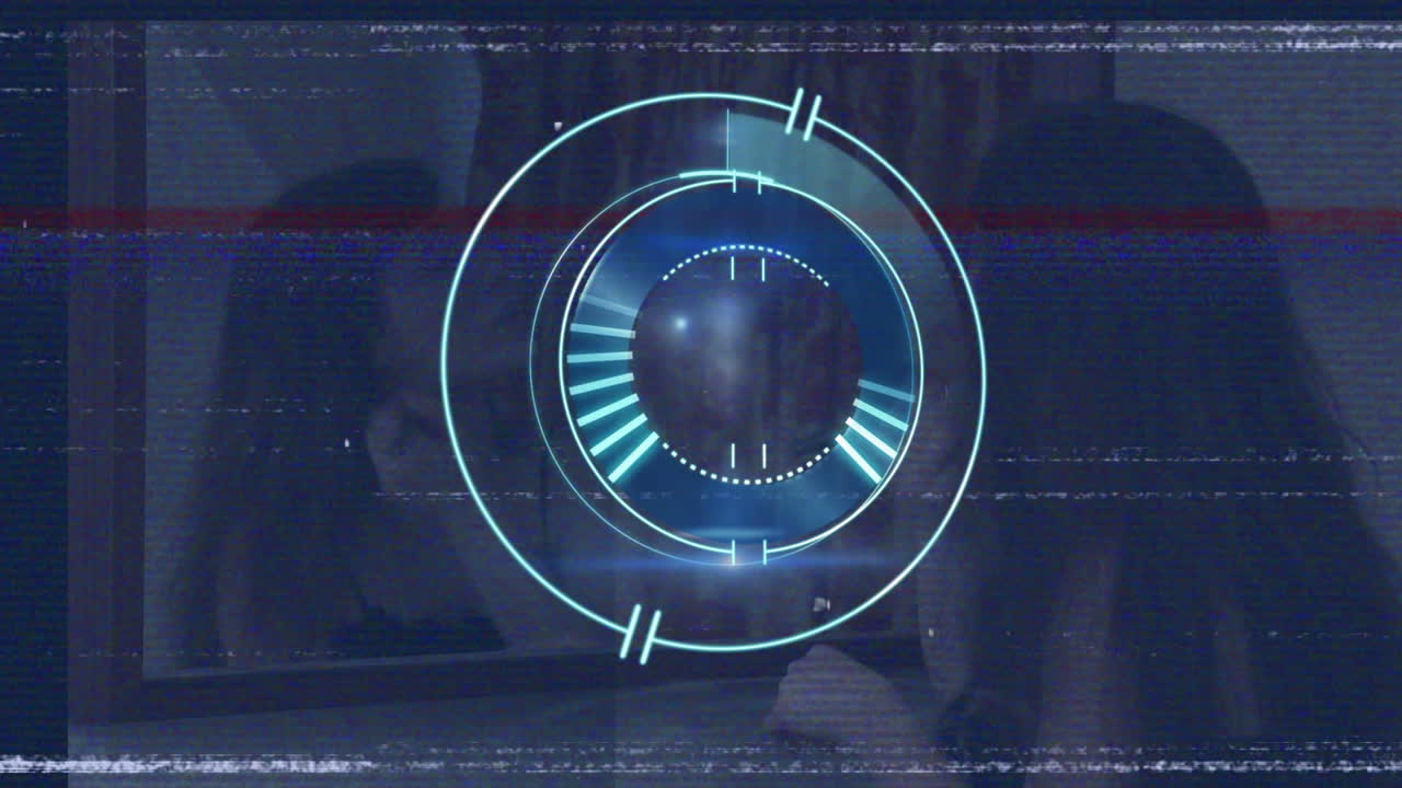 Circular patterns in futuristic digital interface over blurred animation background