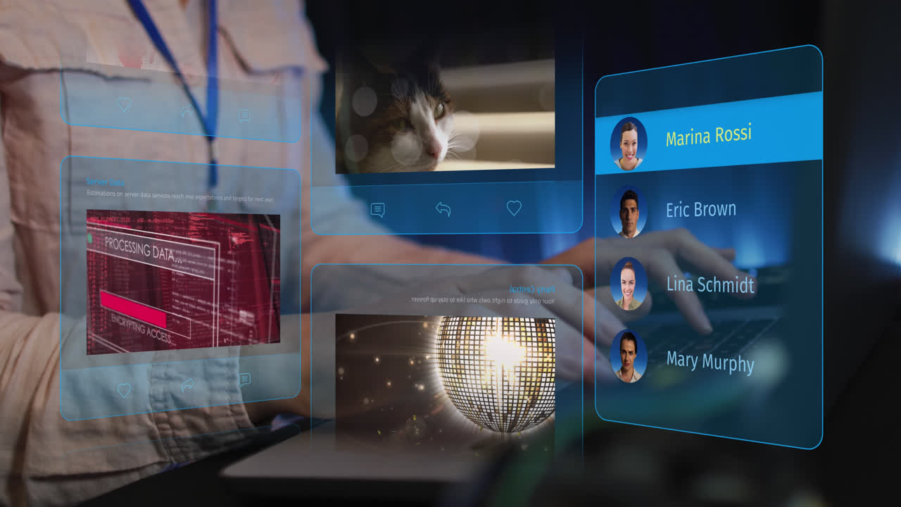 animación de publicaciones en redes sociales y perfiles de personas sobre manos escribiendo palabras clave.