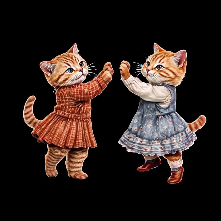 Due simpatici gattini rossi che ballano insieme con abiti vintage.