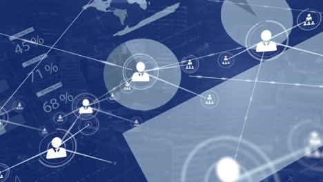 animation of connected icons over infographic interface against blue background