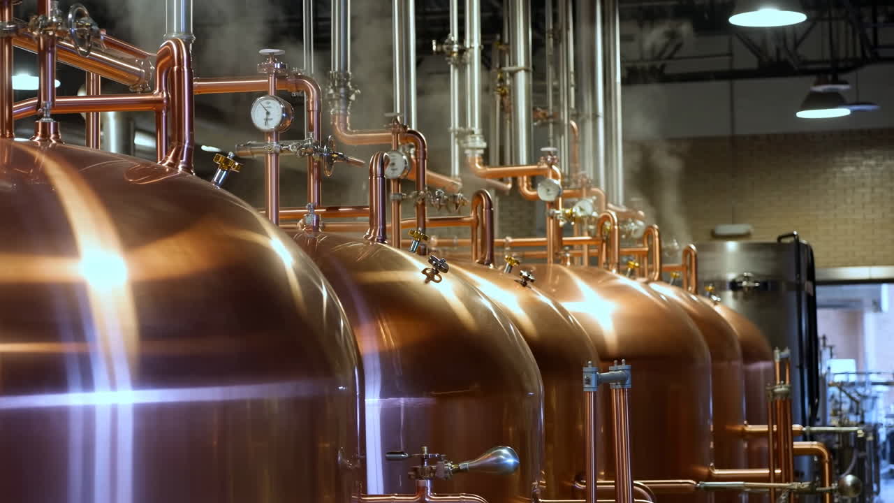 Tanques de Brassagem de Cobre Soltando Vapor na Cervejaria, Fileiras de Caldeirões de Cobre Polido Conectados por Tubos e Manômetros Brilhantes