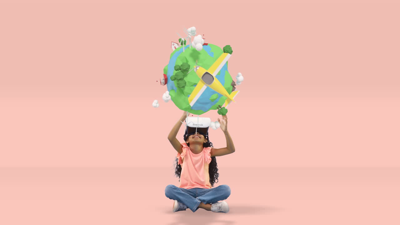 chica usando auriculares de realidad virtual con iconos de viaje generados digitalmente 4k