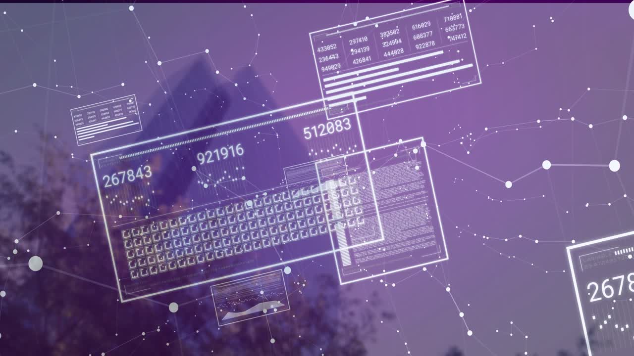Network graph drifting purple sky starting floating data panels updating values for live display