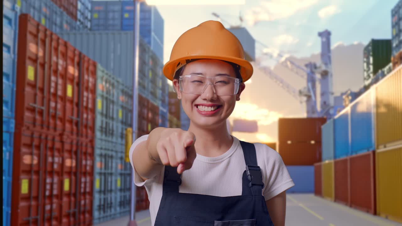 Close Up Of Asian Woman Worker Wearing Goggles And Safety Helmet Smiling And Touching Her Chest Then Pointing At You While Standing At Container Yard Warehouse