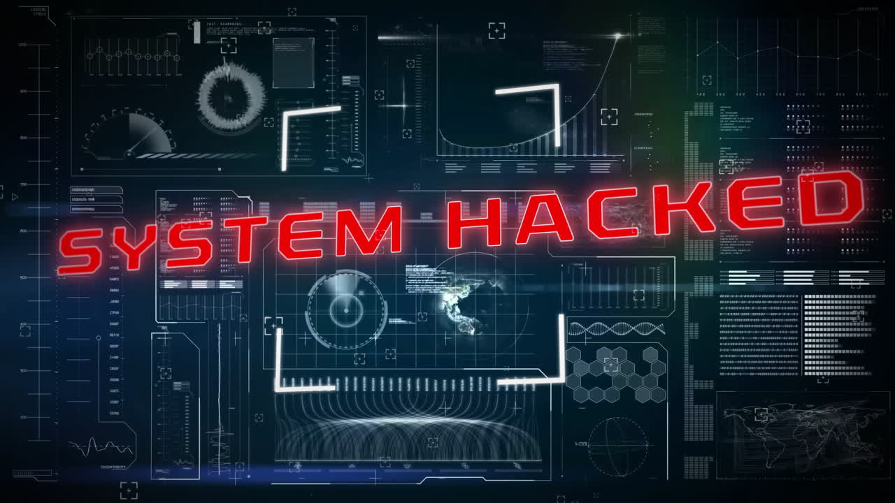 Animation of data processing and world map over globe and system hacked text