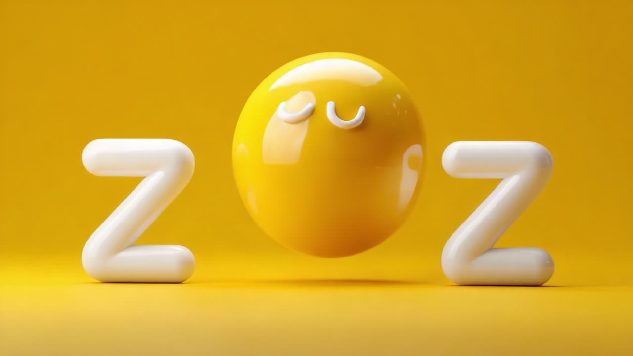 A Playful Animation of a Smiling Yellow Sphere with Gleaming Eyes Surrounded by White Letters Representing Sleep and Relaxation in a Bright Yellow Setting