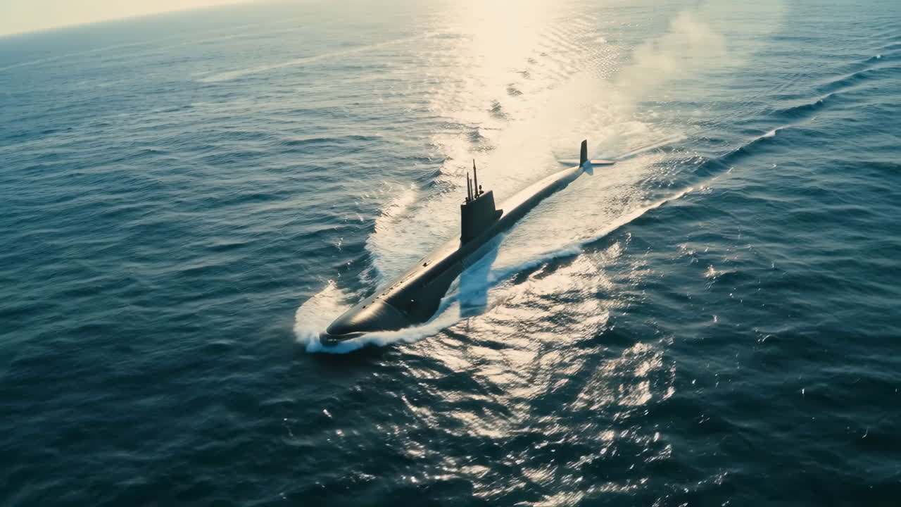 A modern submarine cruising on the ocean surface