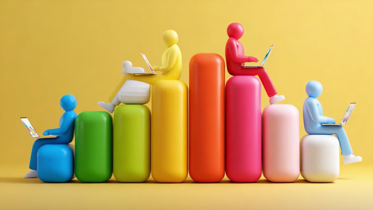 Colorful Figures Engaged in Digital Tasks: A Vibrant Display of Diverse Characters Working on Laptops Against a Bright Yellow Background in a Creative Setting