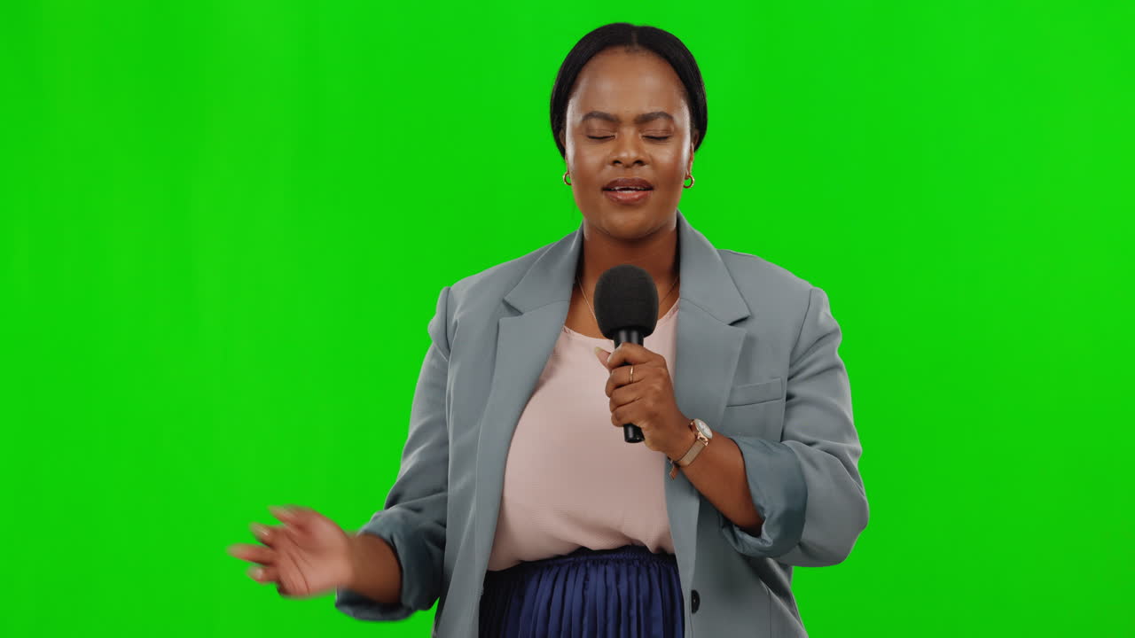 Female news reporter, mic and green screen