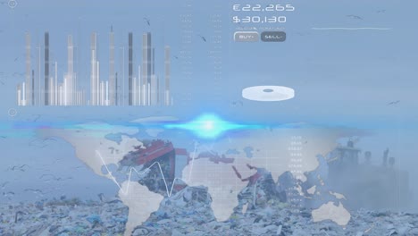 Animación-De-La-Interfaz-Infográfica,-Basura-Derramándose-Del-Contenedor-Y-Camión-Moviéndose-En-El-Vertedero