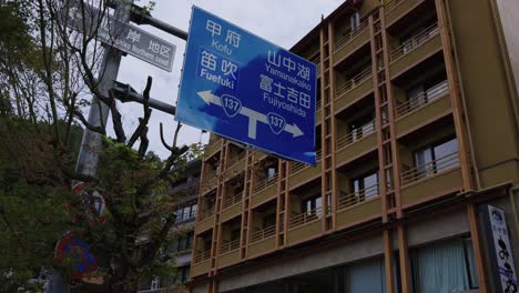 fuji five lakes, kawaguchiko establishing shot of hotels and road sign