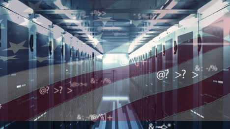 animation of flag of united states of america and data processing over computer servers