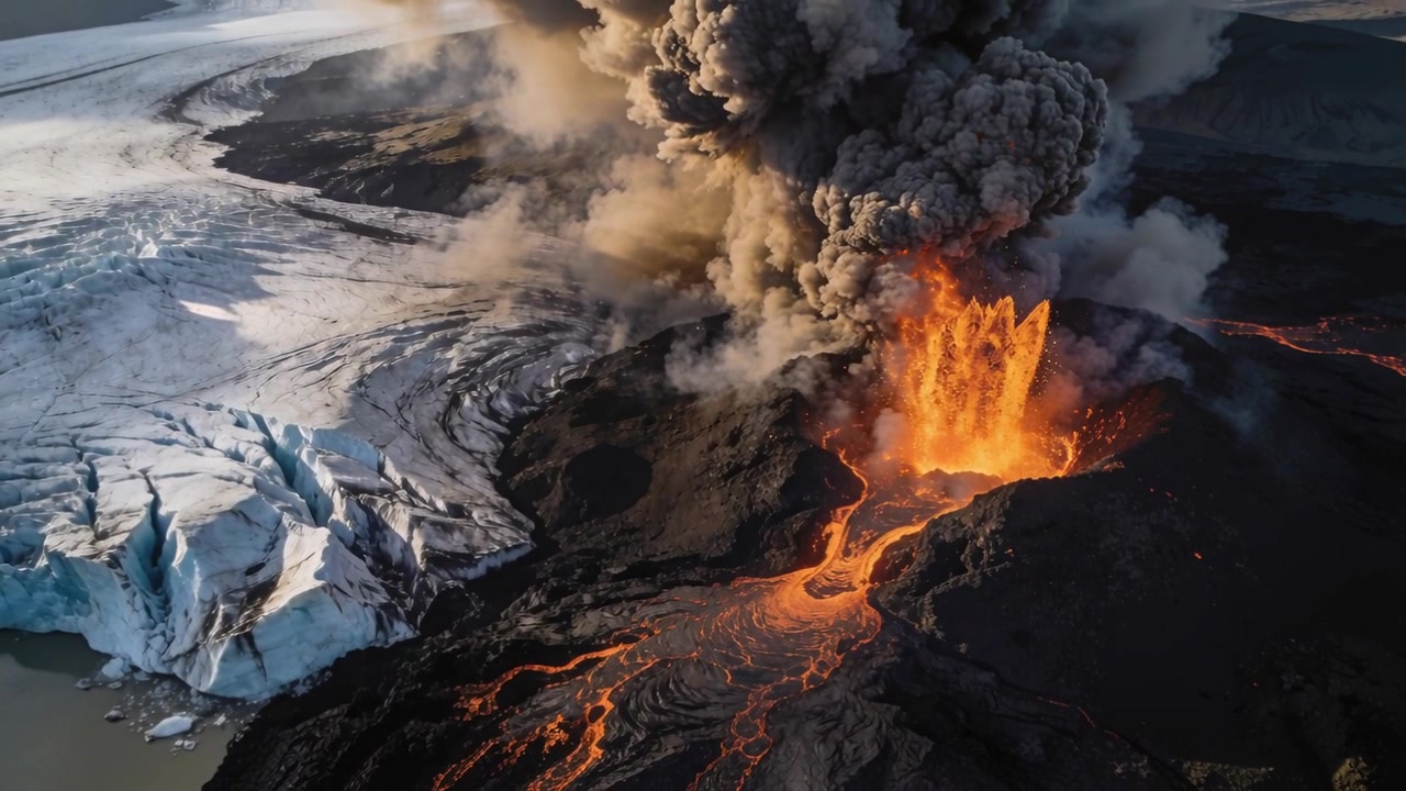 Erupting volcanic vent emitting bright lava and ash, feeding braided channels beside glacier