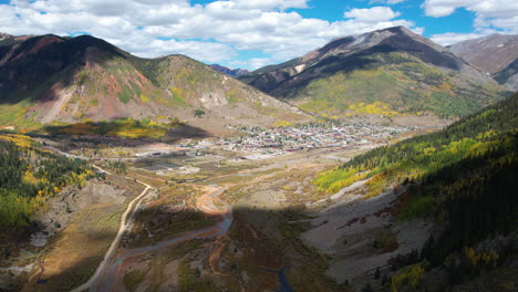 Aerial-View-of-Silverton,-Colorado-USA,-Historic-Town-in-Valley-Under-San-Juan-Mountains-on-Sunny-Autumn-Day