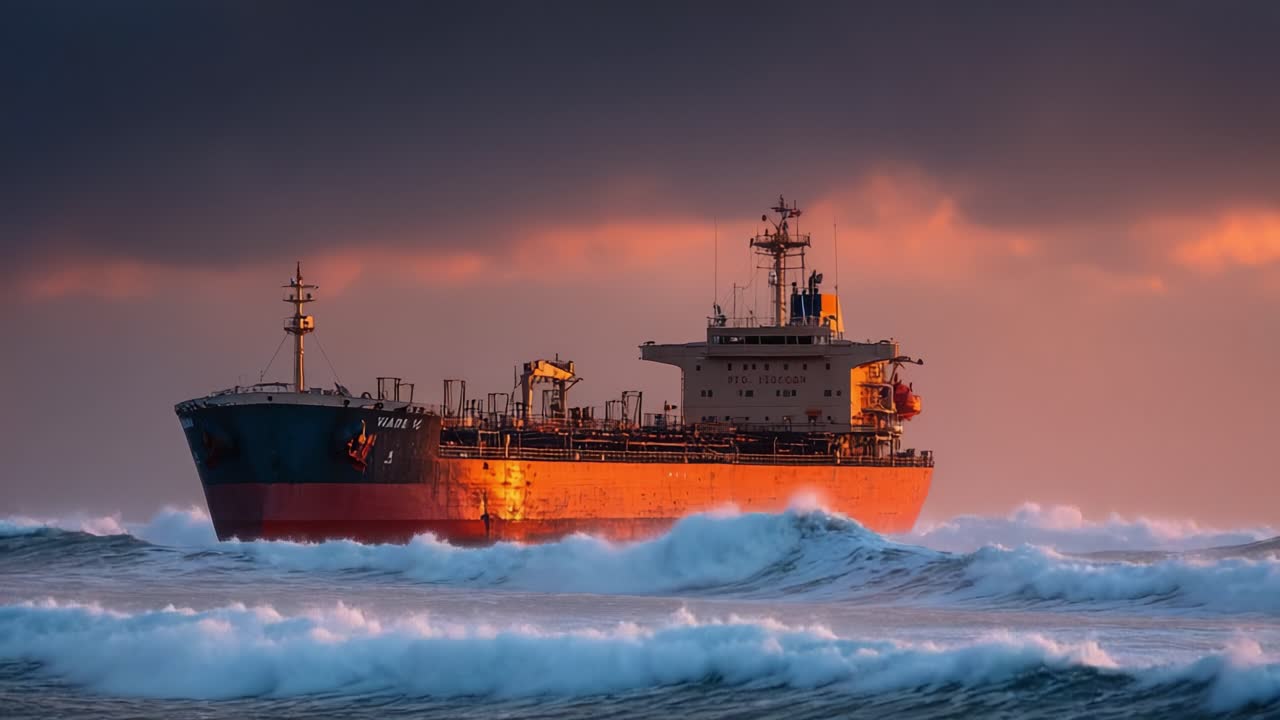A Stunning Cargo Ship Navigating Through Powerful Waves at Sunset, Capturing the Majesty of Maritime Adventures Amidst Drama and Natural Beauty