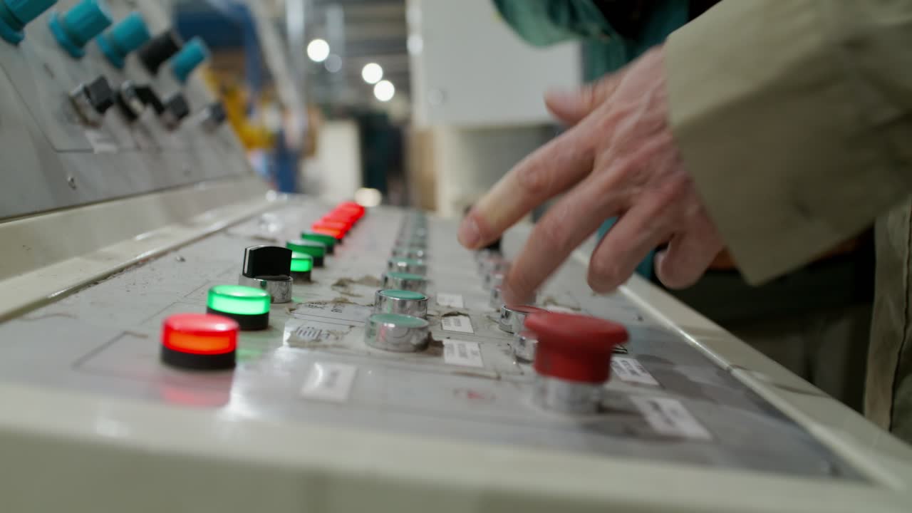 trabajador de la fábrica que opera el panel de control de la maquinaria