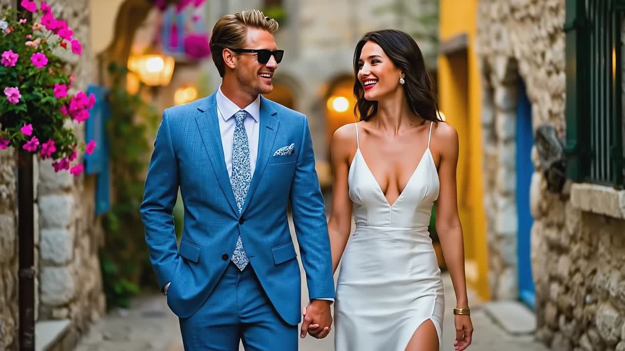 A man and a woman walking down a narrow street holding hands