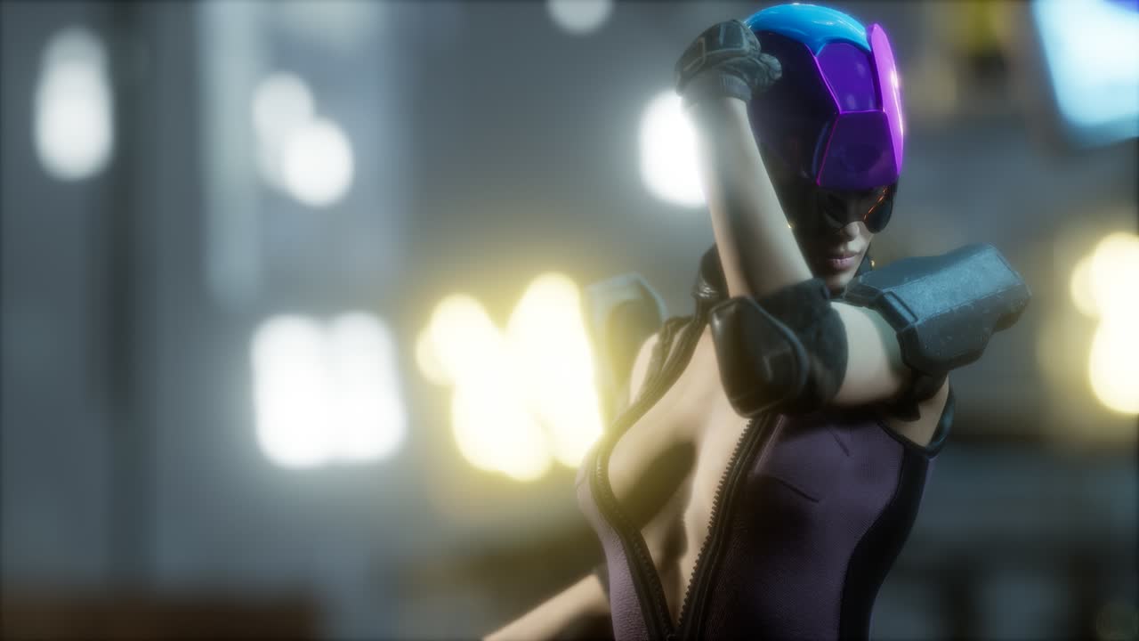 futuro concepto de mujer cyberpunk con luces de neón de la ciudad