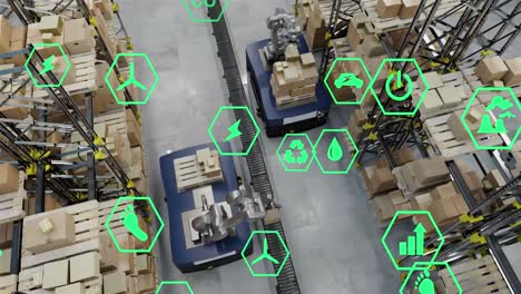 animation of eco icons over warehouse