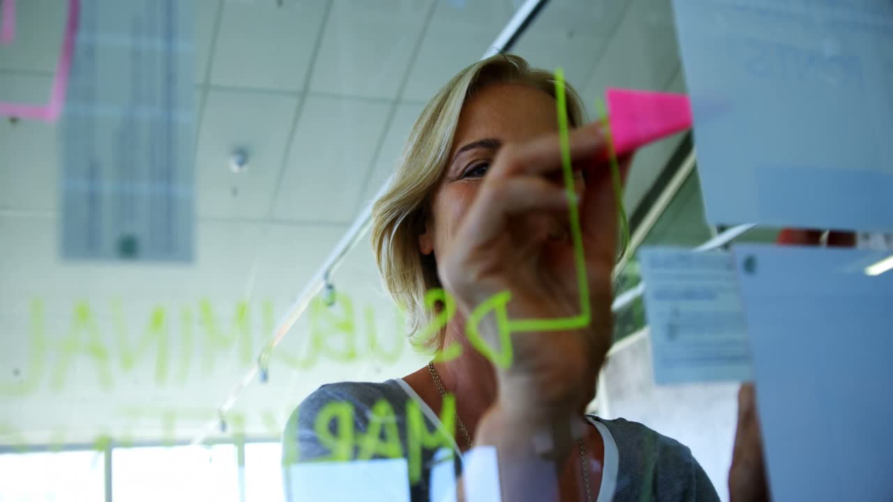 ejecutivo femenino mirando notas adhesivas