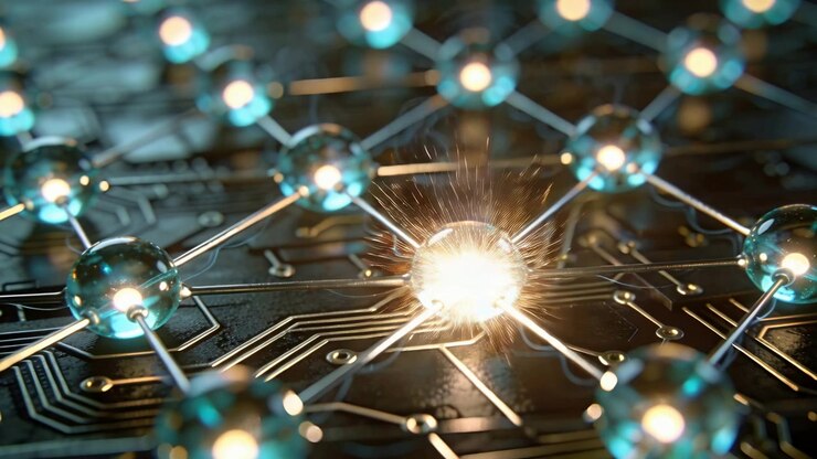 Bluish core intensifying, central glass sphere emitting white burst across PCB, sending sparks