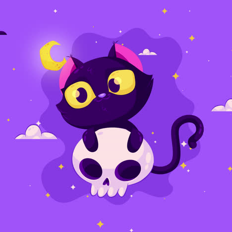 un lindo gato negro en un cráneo