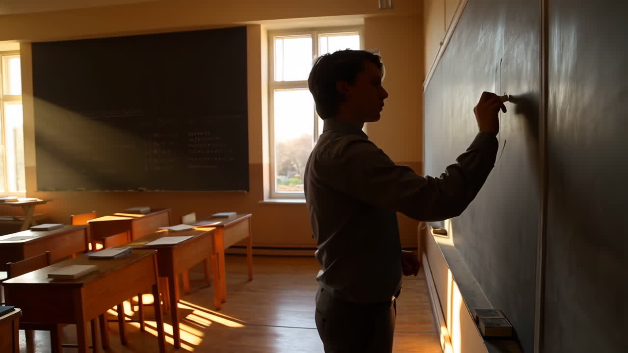 Student Writing on a Blackboard in a Sunlit Classroom