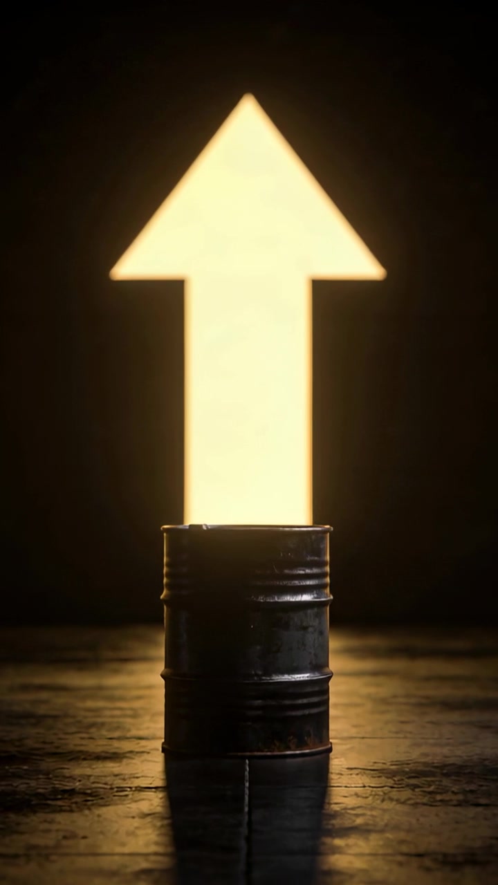 Vertical video: Rising arrow emerging from metal barrel on glossy studio floor, casting halo