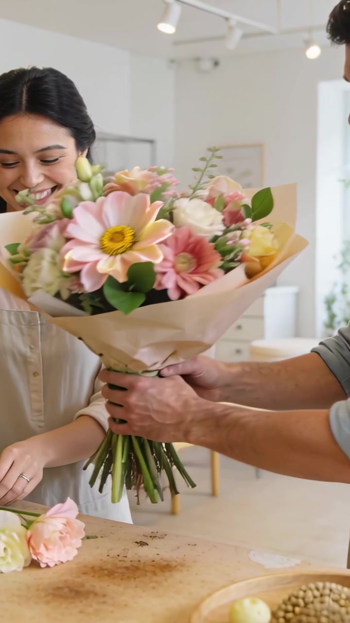 Video verticale: Mani che consegnano un bouquet avvolto a una fiorista in grembiule che lo prende al bancone, con un uomo che assiste alla vendita.