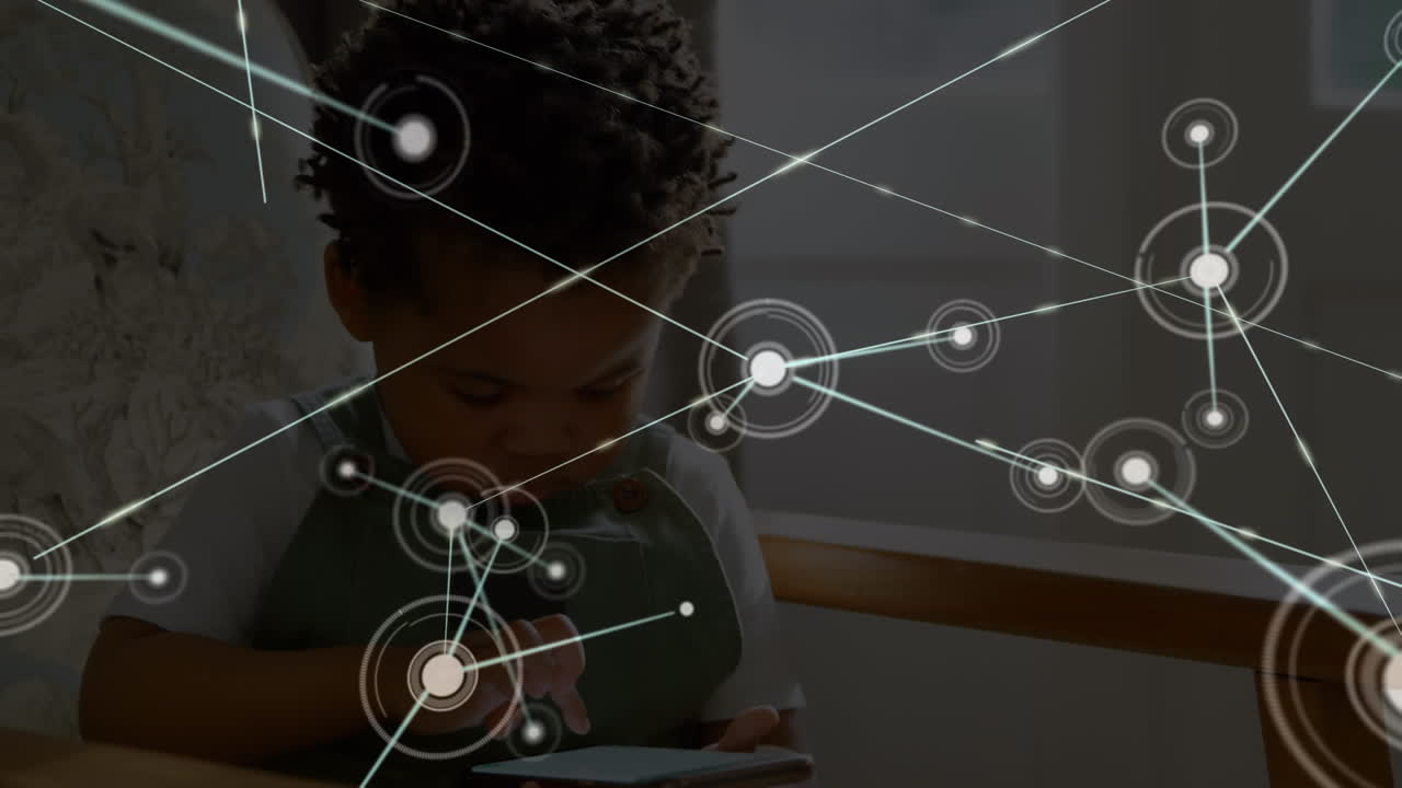 Animation of networks of connections with icons over child using smartphone