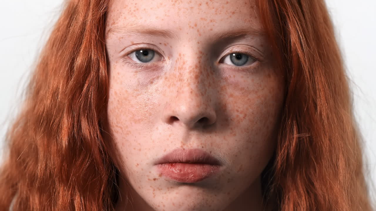 Red haired girl with lots of freckles on the face and blue eyes looking into the camera. White background. Close up
