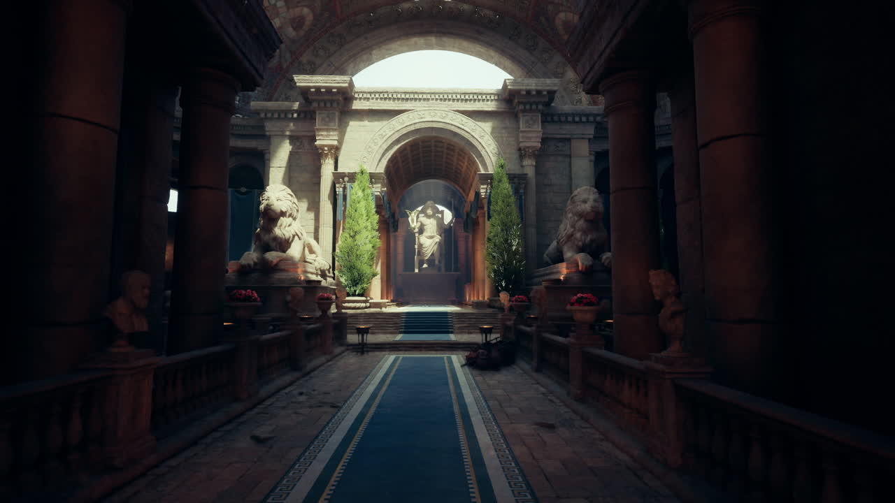 Antica sala in pietra illuminata delicatamente con statue e dintorni avvolti dalla nebbia