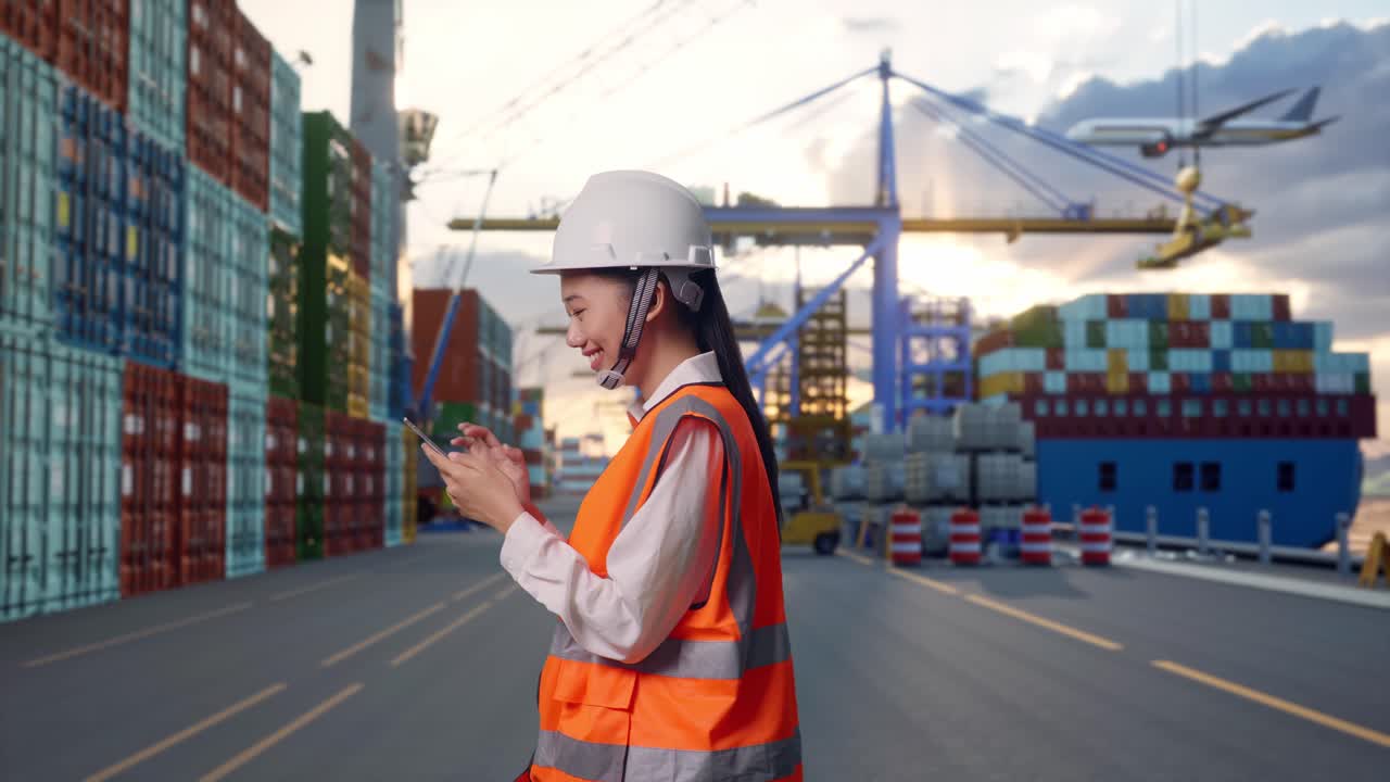 Side View of Asian Female Engineer Use Smartphone While Walking at Port with Container Ship and Cranes at Sunset