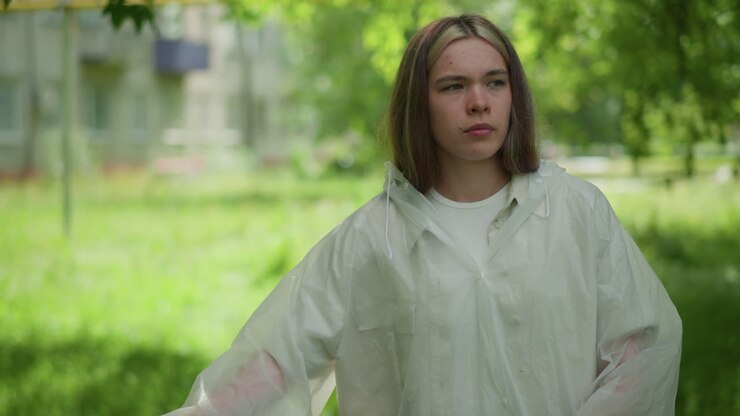 Young woman with blonde hair in translucent raincoat pauses, looking tired, while holding her bicycle on paved path surrounded by greenery, background features blurred building and trees