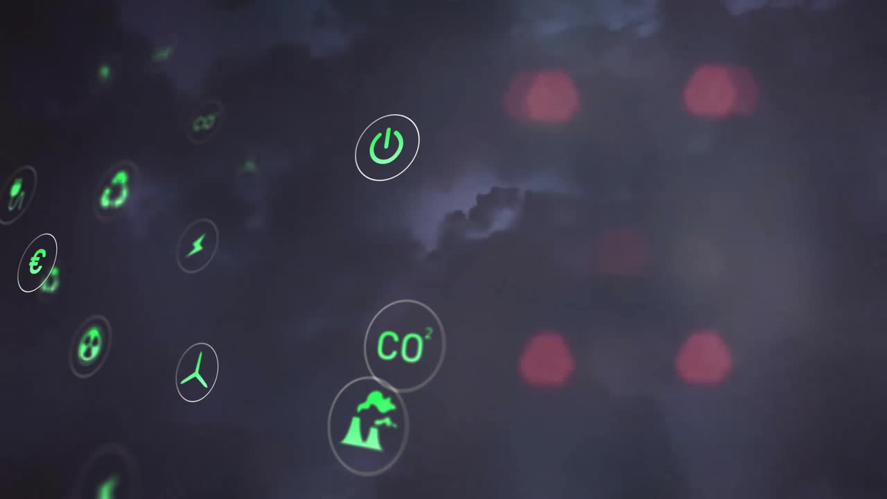 animación de los iconos eco procesamiento de datos sobre las luces de la ciudad fuera de enfoque