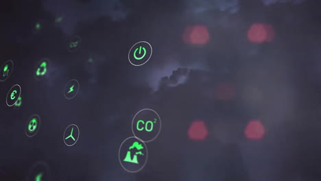 animation of eco icons data processing over out of focus city lights