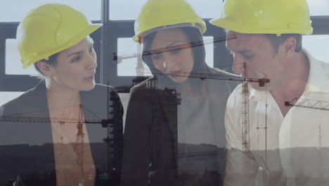 animation of a construction site over a group of caucasian engineers