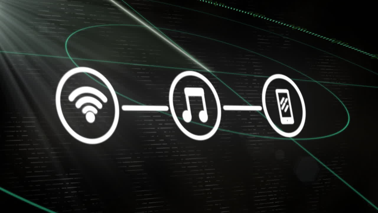 animação de conexões com ícones sobre fundo escuro