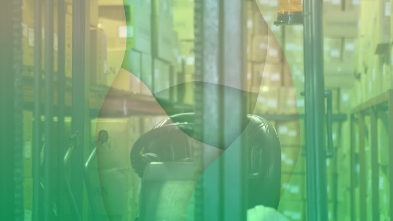 Warehouse shelves stacked with boxes, featuring animation of abstract green shapes