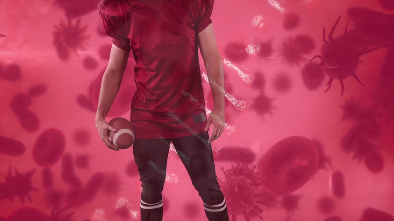 animación de las células de covid 19 sobre el jugador de fútbol americano