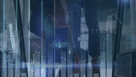 animation of financial data processing over diverse business people walking in modern office